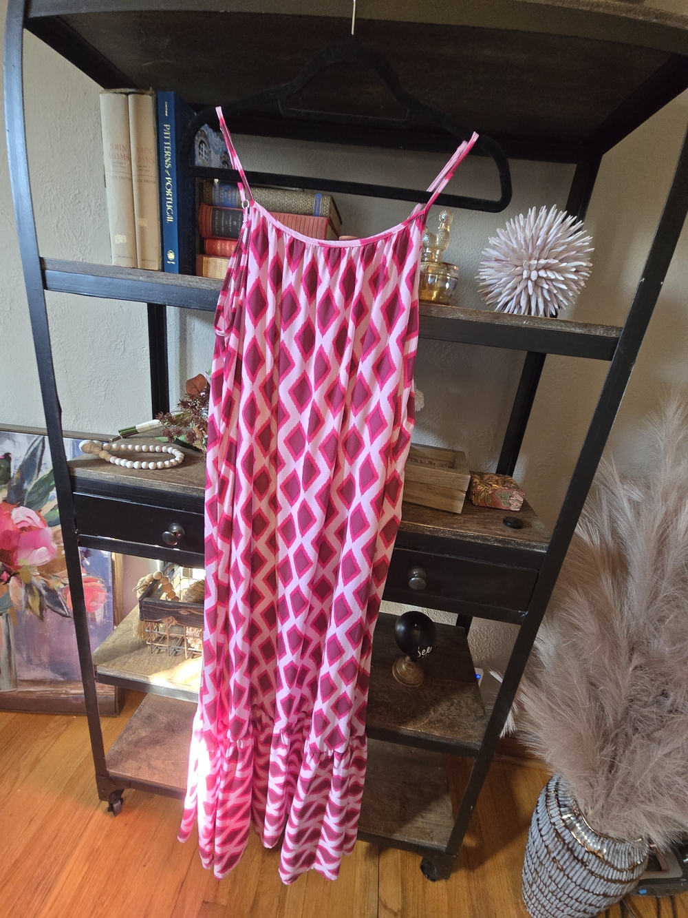 Pink Geometric Maxi Slip Dress with Adjustable Straps